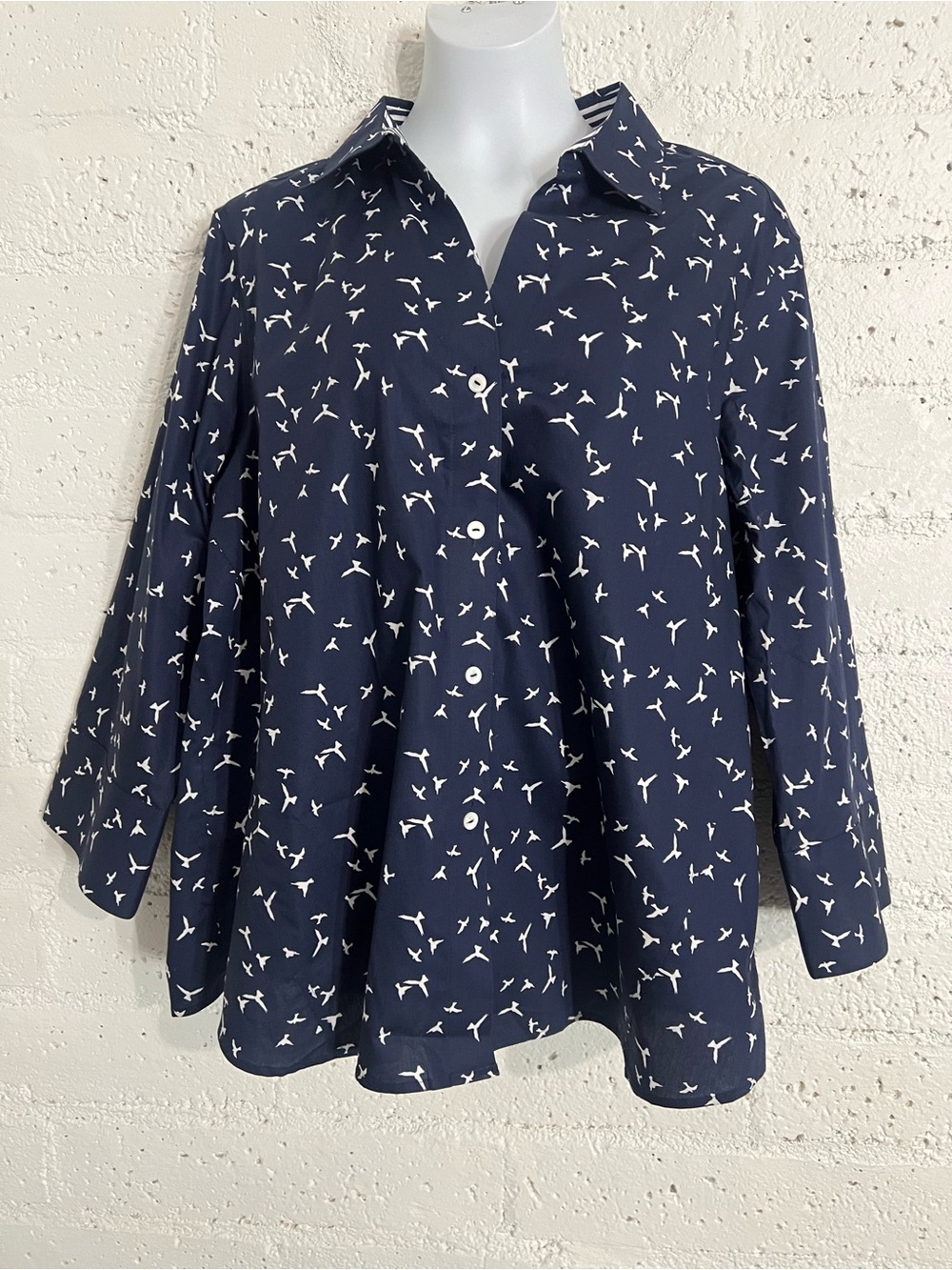 Foxcroft Button Front Top XXL Blue White Birds 3/4 Sleeve Collared Easy Care AC9